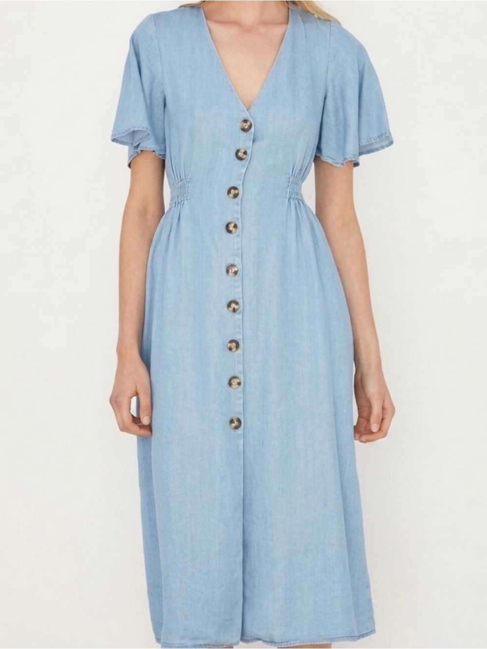 Zara Pale Blue Button-Front V-Neck Midi Dress